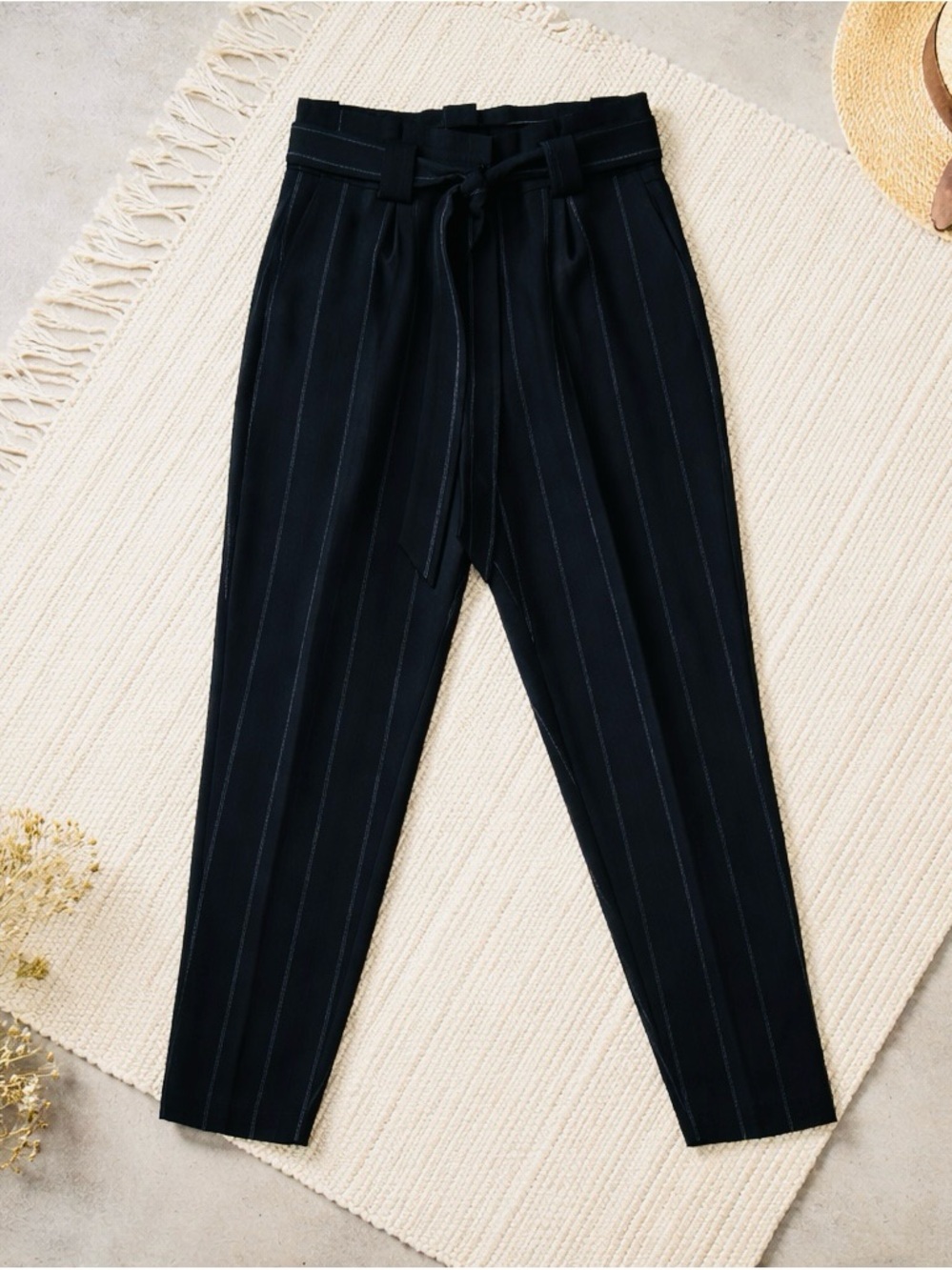 Express High-Waist Paperbag Pinstripe Pants -Navy